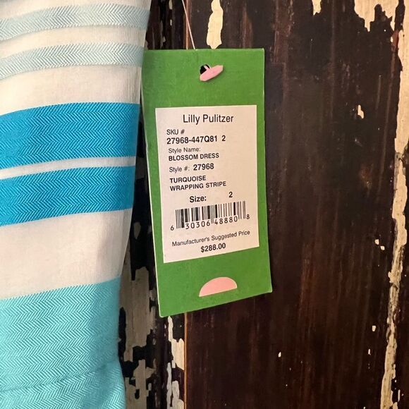 NWT Lilly Pulitzer Blossom strapless party dress. Turquoise wrapping stripe. 2. - Picture 3 of 9